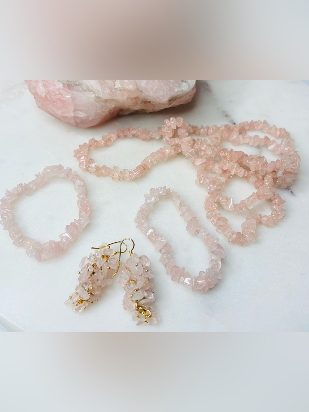 Rose Quartz Necklace, Bracelet & Earring Jewelry Set Lot
